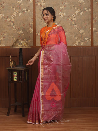 Rose Pink Bengal Handloom Muslin Saree with Jamdani Weaves and Sequin Embellishments
