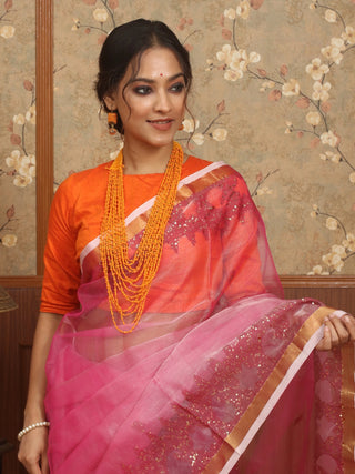 Rose Pink Bengal Handloom Muslin Saree with Jamdani Weaves and Sequin Embellishments