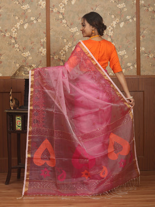 Rose Pink Bengal Handloom Muslin Saree with Jamdani Weaves and Sequin Embellishments