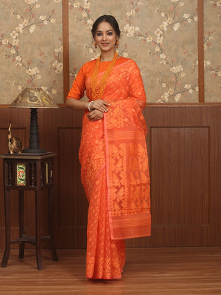 Tangerine Orange Pure Cotton Bangladeshi Dhakai Jamdani Saree