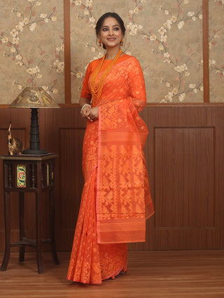 Tangerine Orange Pure Cotton Bangladeshi Dhakai Jamdani Saree