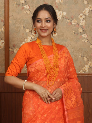 Tangerine Orange Pure Cotton Bangladeshi Dhakai Jamdani Saree