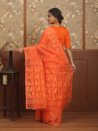 Tangerine Orange Pure Cotton Bangladeshi Dhakai Jamdani Saree