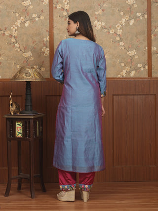 MEGH MALHAR – Iris Blue Chanderi Silk Kurta-Pant Set with Hand Embroidery