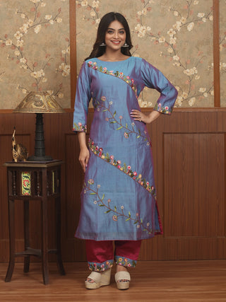 MEGH MALHAR – Iris Blue Chanderi Silk Kurta-Pant Set with Hand Embroidery