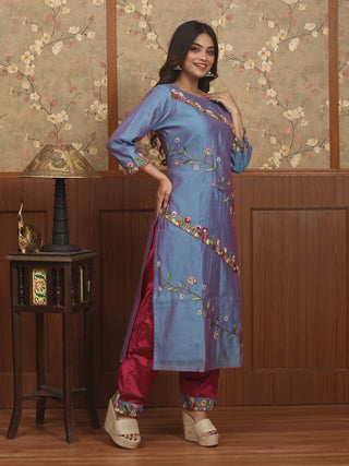 MEGH MALHAR – Iris Blue Chanderi Silk Kurta-Pant Set with Hand Embroidery