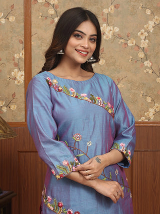 MEGH MALHAR – Iris Blue Chanderi Silk Kurta-Pant Set with Hand Embroidery