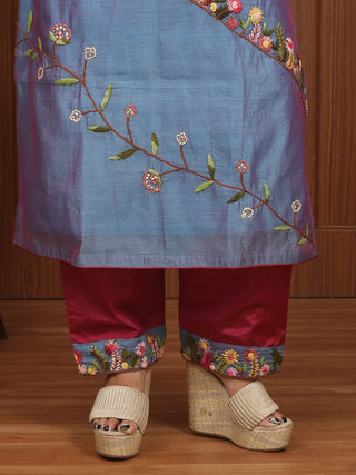 MEGH MALHAR – Iris Blue Chanderi Silk Kurta-Pant Set with Hand Embroidery