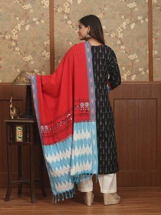 RAKTAVIRA – Black & Crimson Double Ikkat Ensemble with Warli Accent Panel