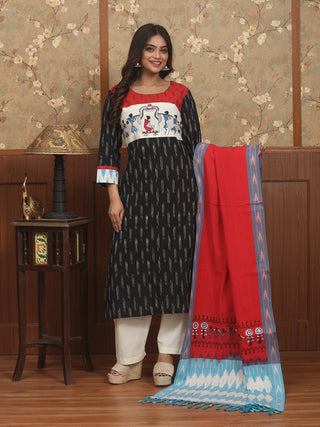 RAKTAVIRA – Black & Crimson Double Ikkat Ensemble with Warli Accent Panel