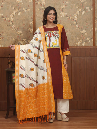 VASANT VAIBHAV – Mustard & Maroon Double Ikkat Collector’s Ensemble with Madhubani Deer and Tree Motif