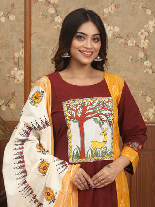 VASANT VAIBHAV – Mustard & Maroon Double Ikkat Collector’s Ensemble with Madhubani Deer and Tree Motif