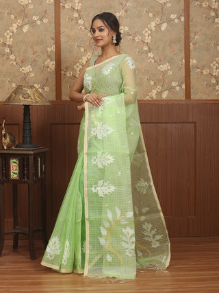 Pastel Green Bengal Handloom Muslin Saree with White Floral Jamdani Weaves