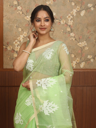 Pastel Green Bengal Handloom Muslin Saree with White Floral Jamdani Weaves