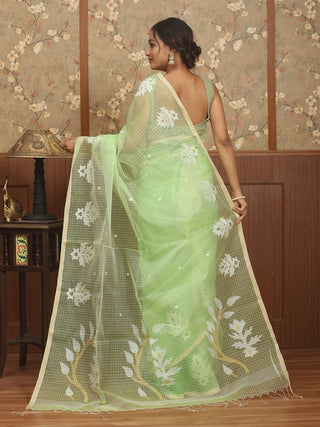 Pastel Green Bengal Handloom Muslin Saree with White Floral Jamdani Weaves