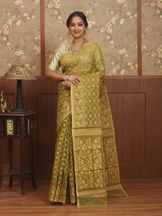 Olive Gold Pure Cotton Bangladeshi Dhakai Jamdani Saree