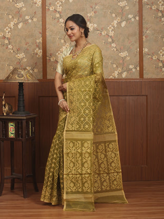 Olive Gold Pure Cotton Bangladeshi Dhakai Jamdani Saree