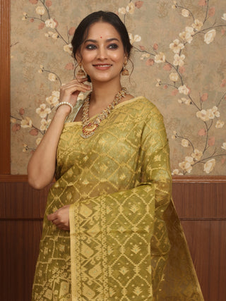 Olive Gold Pure Cotton Bangladeshi Dhakai Jamdani Saree