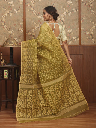 Olive Gold Pure Cotton Bangladeshi Dhakai Jamdani Saree