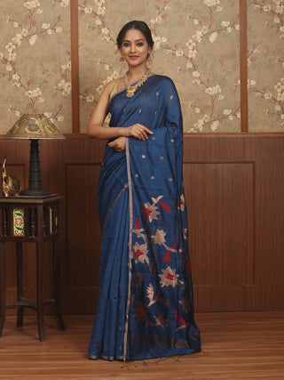 Midnight Blue Pure Bangalore Silk Bengal Handloom Jamdani Saree with Antique Copper Zari and Red Floral Weaving