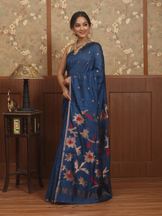 Midnight Blue Pure Bangalore Silk Bengal Handloom Jamdani Saree with Antique Copper Zari and Red Floral Weaving