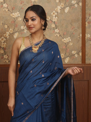 Midnight Blue Pure Bangalore Silk Bengal Handloom Jamdani Saree with Antique Copper Zari and Red Floral Weaving