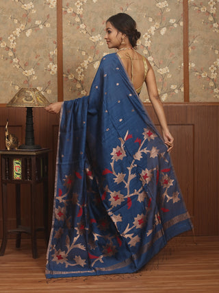 Midnight Blue Pure Bangalore Silk Bengal Handloom Jamdani Saree with Antique Copper Zari and Red Floral Weaving