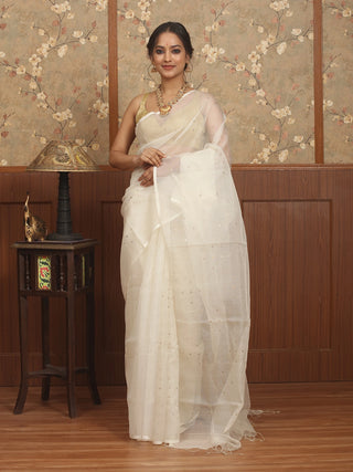 Ivory White Bengal Handloom Muslin Saree with Antique Sequin Embellishments