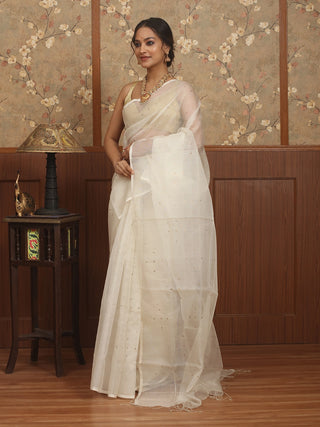 Ivory White Bengal Handloom Muslin Saree with Antique Sequin Embellishments