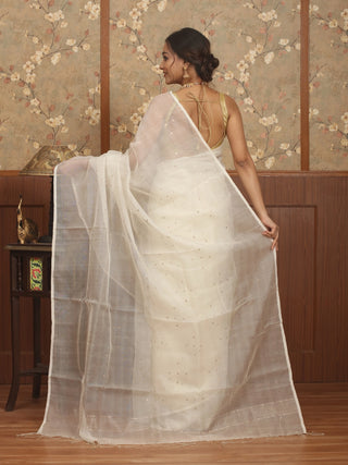 Ivory White Bengal Handloom Muslin Saree with Antique Sequin Embellishments