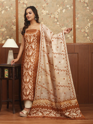 Burnt Ochre Dhakai Jamdani-Inspired Kantha Tussar Silk Dress Material