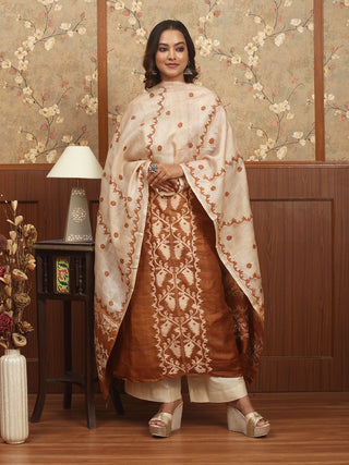 Burnt Ochre Dhakai Jamdani-Inspired Kantha Tussar Silk Dress Material