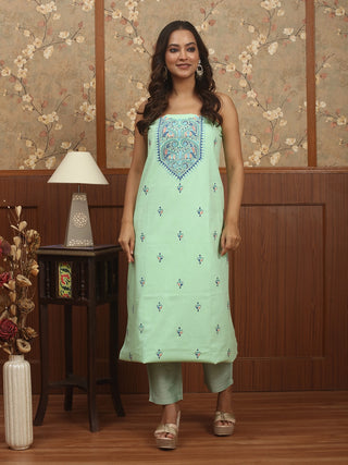 Mint Green Pure Cotton Kurta Fabric with Hand Kantha Embroidery