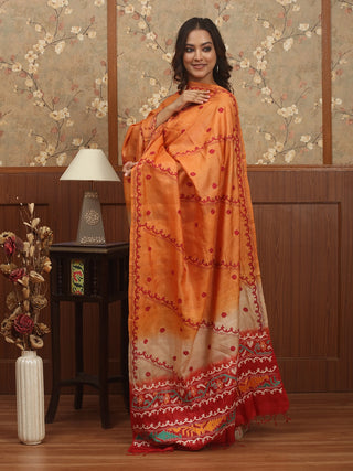 Vermilion & Orange Dhakai Kantha Tussar Silk Dress Material