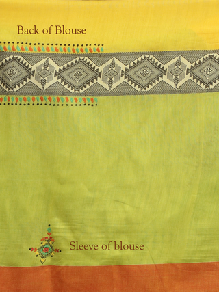 Lime Green-Yellow Bengal Cotton Saree with Hand Kantha Embroidery