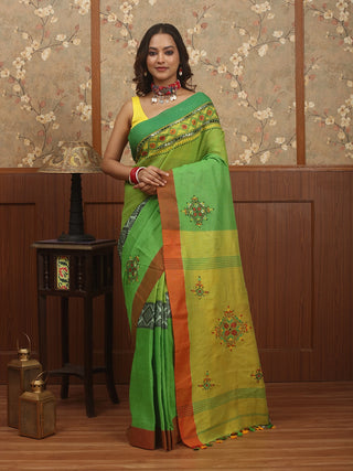 Lime Green-Yellow Bengal Cotton Saree with Hand Kantha Embroidery