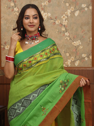 Lime Green-Yellow Bengal Cotton Saree with Hand Kantha Embroidery