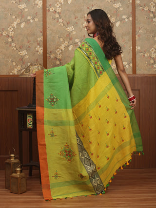 Lime Green-Yellow Bengal Cotton Saree with Hand Kantha Embroidery