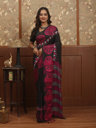 Black-Magenta Bengal Cotton Saree with Hand Kantha Embroidery & Woven Motifs
