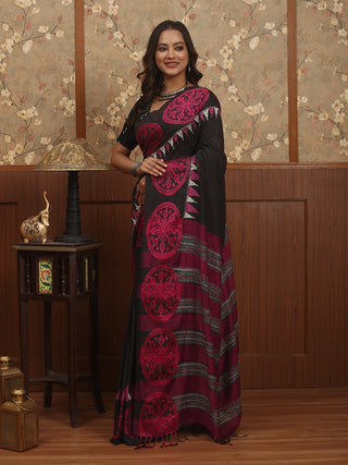 Black-Magenta Bengal Cotton Saree with Hand Kantha Embroidery & Woven Motifs
