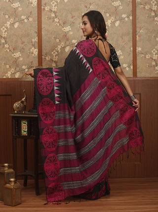 Black-Magenta Bengal Cotton Saree with Hand Kantha Embroidery & Woven Motifs