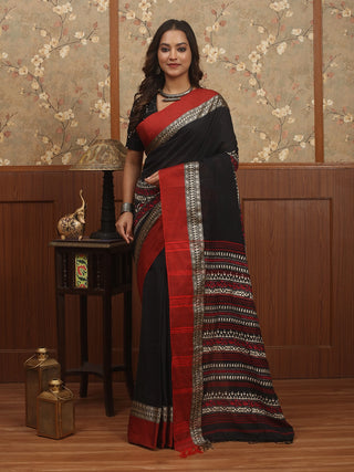 Black-Red Pure Bengal Cotton Saree with Traditional Weaves and Kantha Embroidery