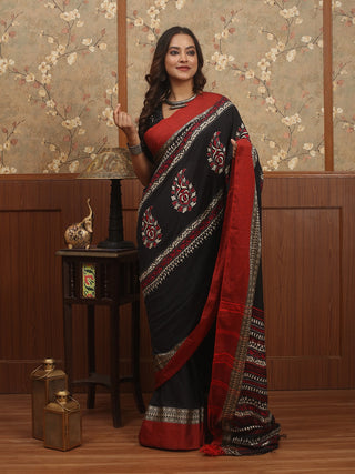 Black-Red Pure Bengal Cotton Saree with Traditional Weaves and Kantha Embroidery