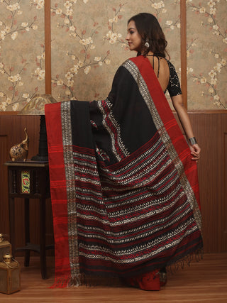 Black-Red Pure Bengal Cotton Saree with Traditional Weaves and Kantha Embroidery