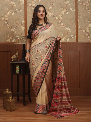 Beige Pure Bengal Cotton Saree with Kantha Embroidery &amp; Woven Checks
