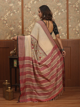 Beige Pure Bengal Cotton Saree with Kantha Embroidery &amp; Woven Checks