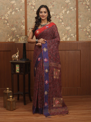 Wine Red-Blue Pure Bengal Cotton Saree with Gujarati Embroidery