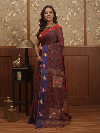 Wine Red-Blue Pure Bengal Cotton Saree with Gujarati Embroidery