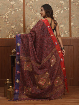 Wine Red-Blue Pure Bengal Cotton Saree with Gujarati Embroidery