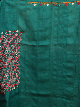 Emerald Green & Red Gujarati Hand-Embroidered Tussar Silk Dress Material
